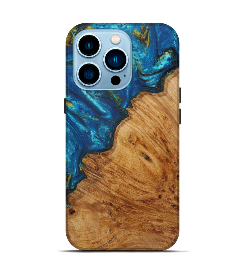 iPhone 14 Pro Wood+Resin Live Edge Phone Case - Leita (Teal & Gold, 587771)