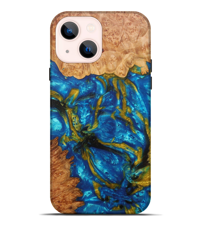 iPhone 14 Plus Wood+Resin Live Edge Phone Case - Kacie (Teal & Gold, 597323)