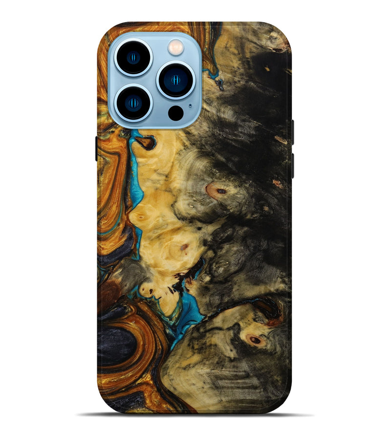 iPhone 14 Pro Max Wood+Resin Live Edge Phone Case - Ryan (Teal & Gold, 646323)