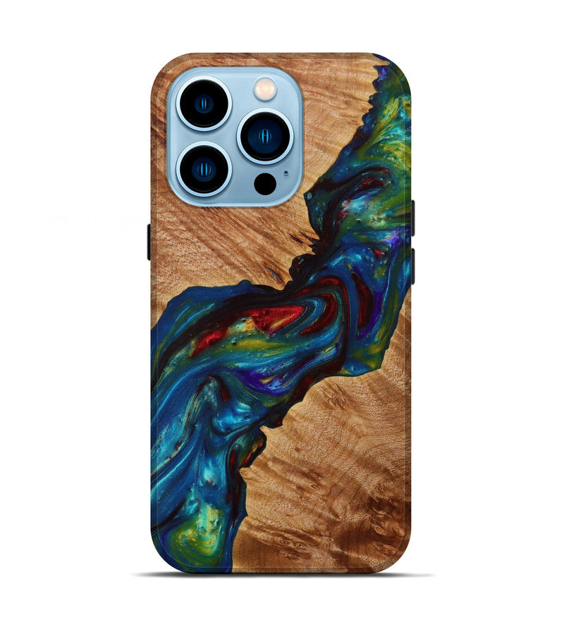 iPhone 14 Pro Wood+Resin Live Edge Phone Case - Maurice (Teal & Gold, 610807)