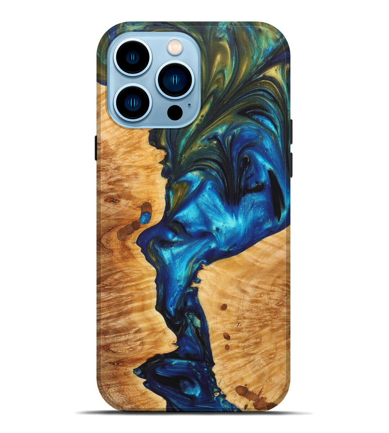 iPhone 14 Pro Max Wood+Resin Live Edge Phone Case - Terra (Teal & Gold, 627709)