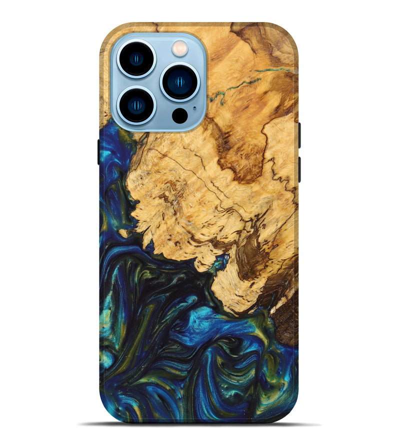 iPhone 14 Pro Max Wood+Resin Live Edge Phone Case - Ryder (Teal & Gold, 630454)