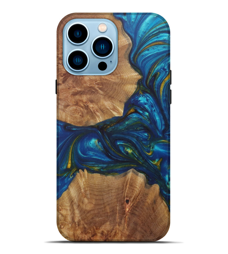 iPhone 14 Pro Max Wood+Resin Live Edge Phone Case - Elita (Teal & Gold, 581719)