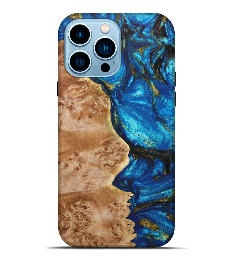 iPhone 14 Pro Max Wood+Resin Live Edge Phone Case - Kendrick (Teal & Gold, 638547)