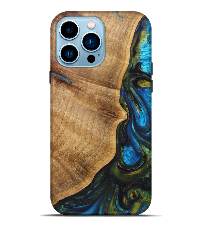 iPhone 14 Pro Max Wood+Resin Live Edge Phone Case - Robbyn (Teal & Gold, 605597)