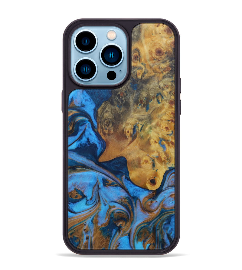 iPhone 14 Pro Max Wood+Resin Phone Case - Helge (Teal & Gold, 598121)