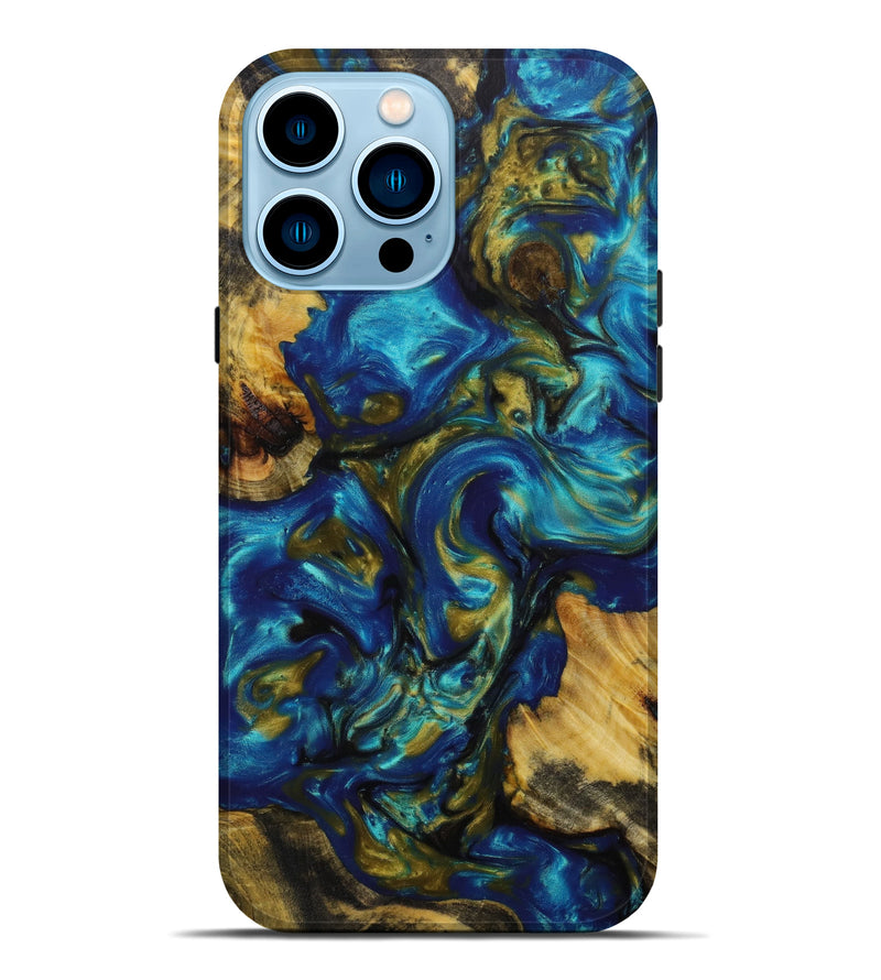 iPhone 14 Pro Max Wood+Resin Live Edge Phone Case - David (Teal & Gold, 642853)