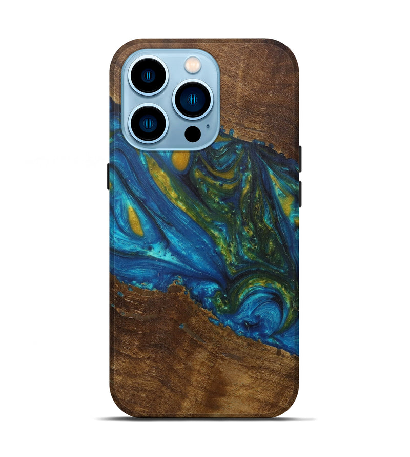 iPhone 14 Pro Wood+Resin Live Edge Phone Case - Tonye (Teal & Gold, 594820)
