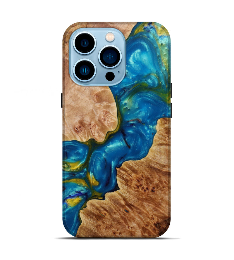 iPhone 14 Pro Wood+Resin Live Edge Phone Case - Erna (Teal & Gold, 595972)