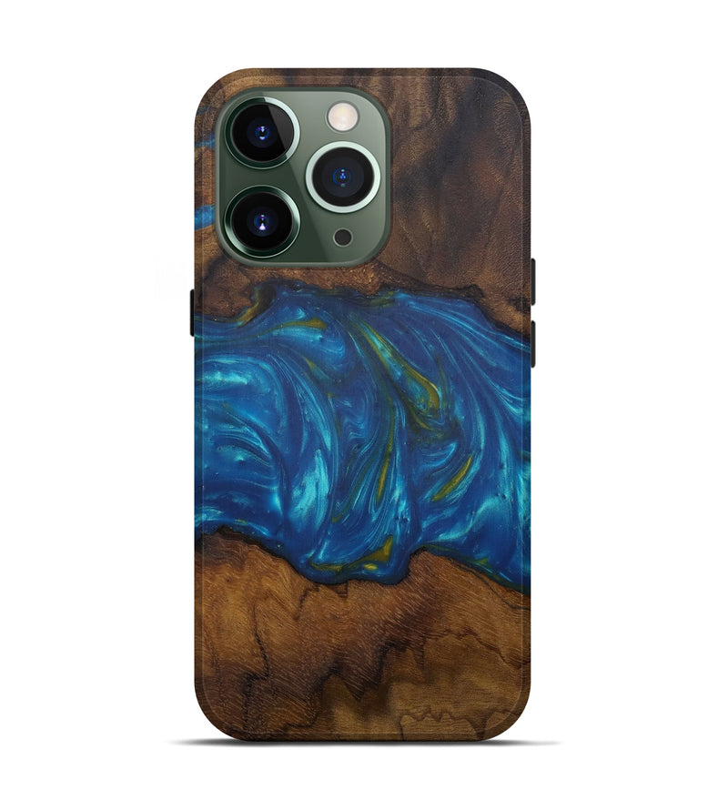iPhone 13 Pro Wood+Resin Live Edge Phone Case - Gernot (Teal & Gold, 582821)