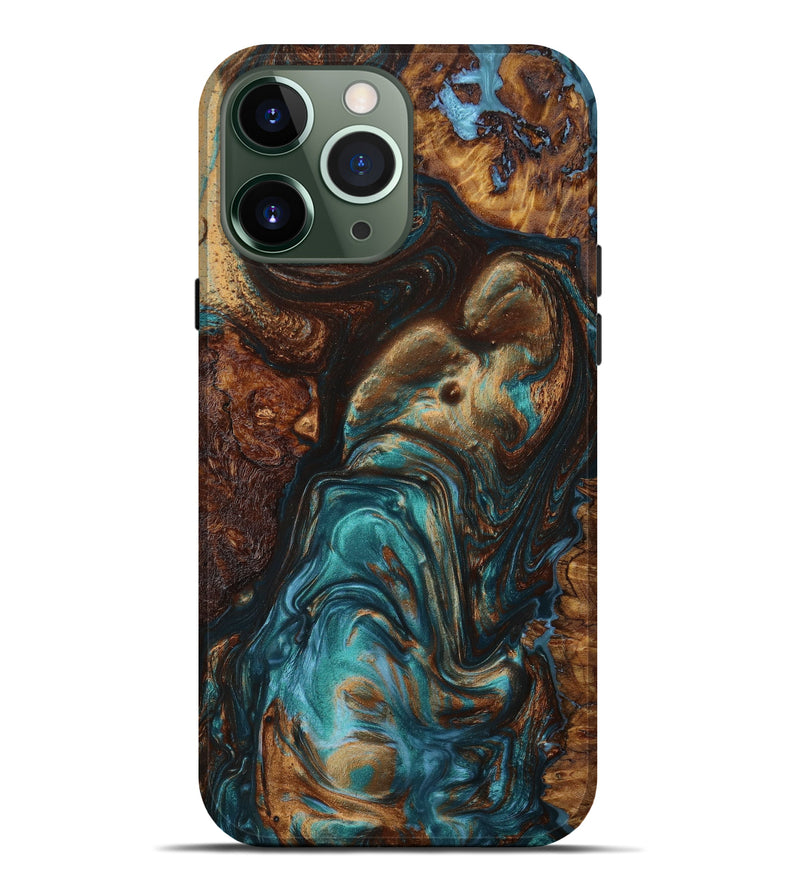 iPhone 13 Pro Max Wood+Resin Live Edge Phone Case - Madelyn (Teal & Gold, 646526)