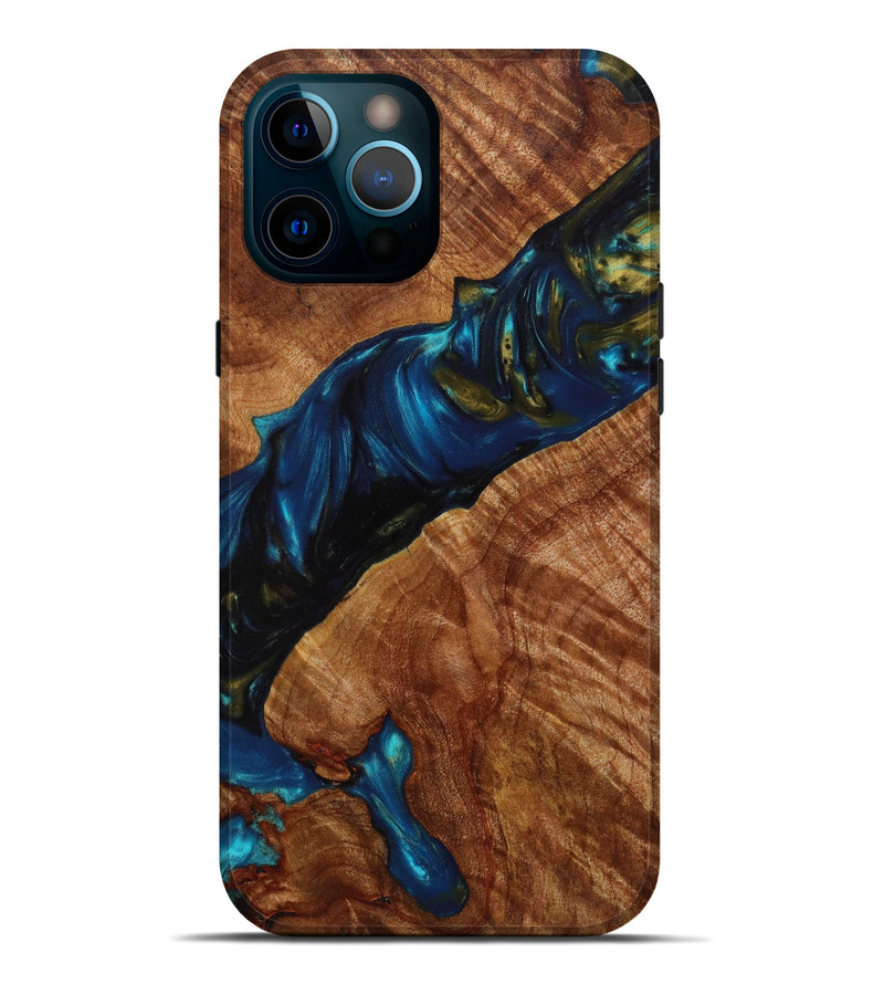 iPhone 12 Pro Max Wood+Resin Live Edge Phone Case - Finnegan (Teal & Gold, 644302)