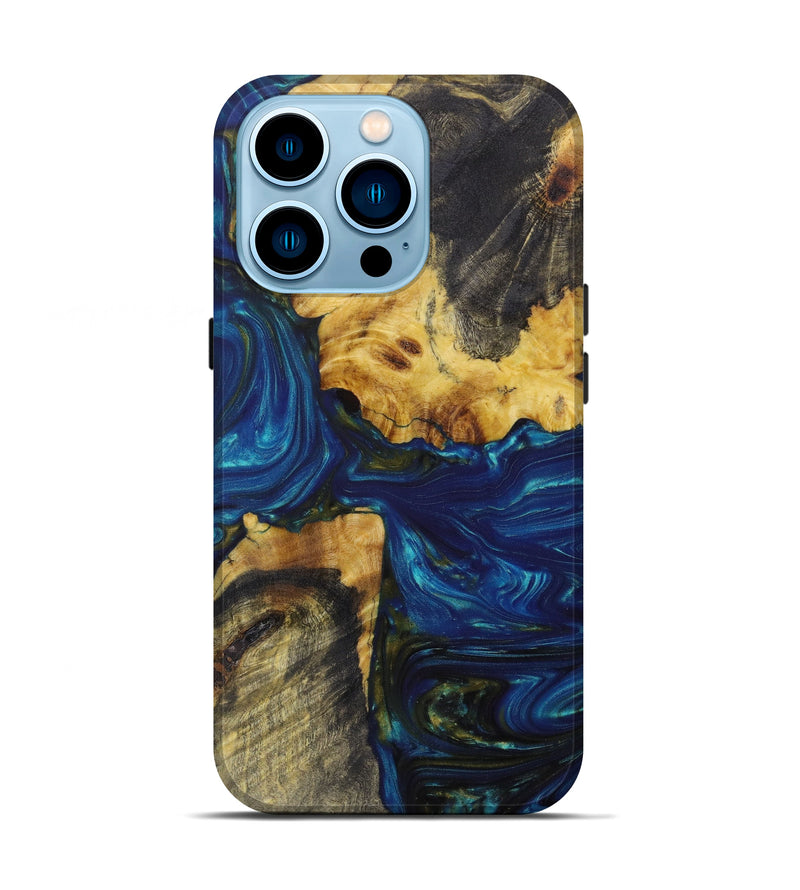 iPhone 14 Pro Wood+Resin Live Edge Phone Case - Breanna (Teal & Gold, 641701)