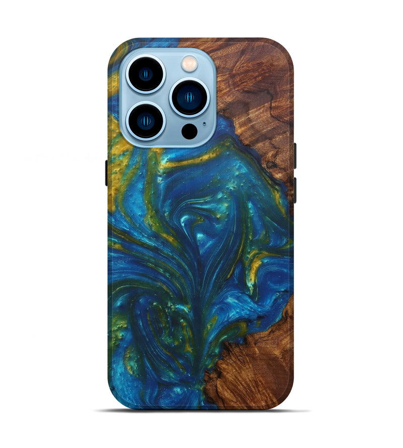 iPhone 14 Pro Wood+Resin Live Edge Phone Case - Celie (Teal & Gold, 597356)