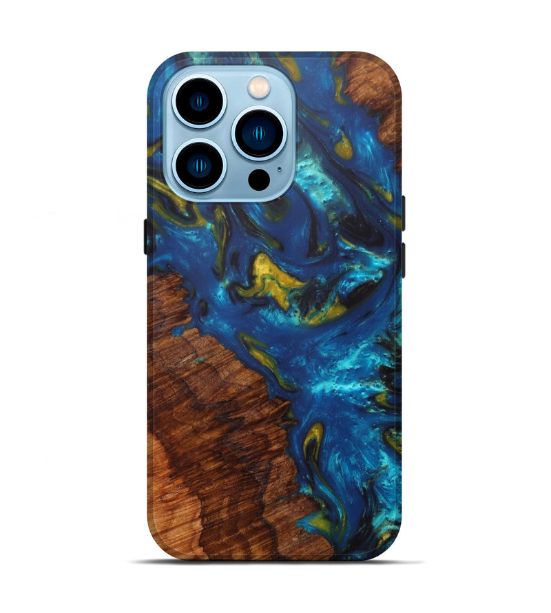 iPhone 14 Pro Wood+Resin Live Edge Phone Case - Celisse (Teal & Gold, 601199)