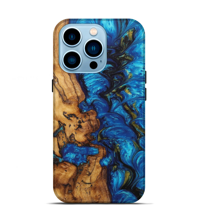 iPhone 14 Pro Wood+Resin Live Edge Phone Case - Erika (Teal & Gold, 627705)