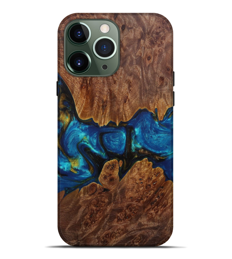 iPhone 13 Pro Max Wood+Resin Live Edge Phone Case - Nettie (Teal & Gold, 582808)