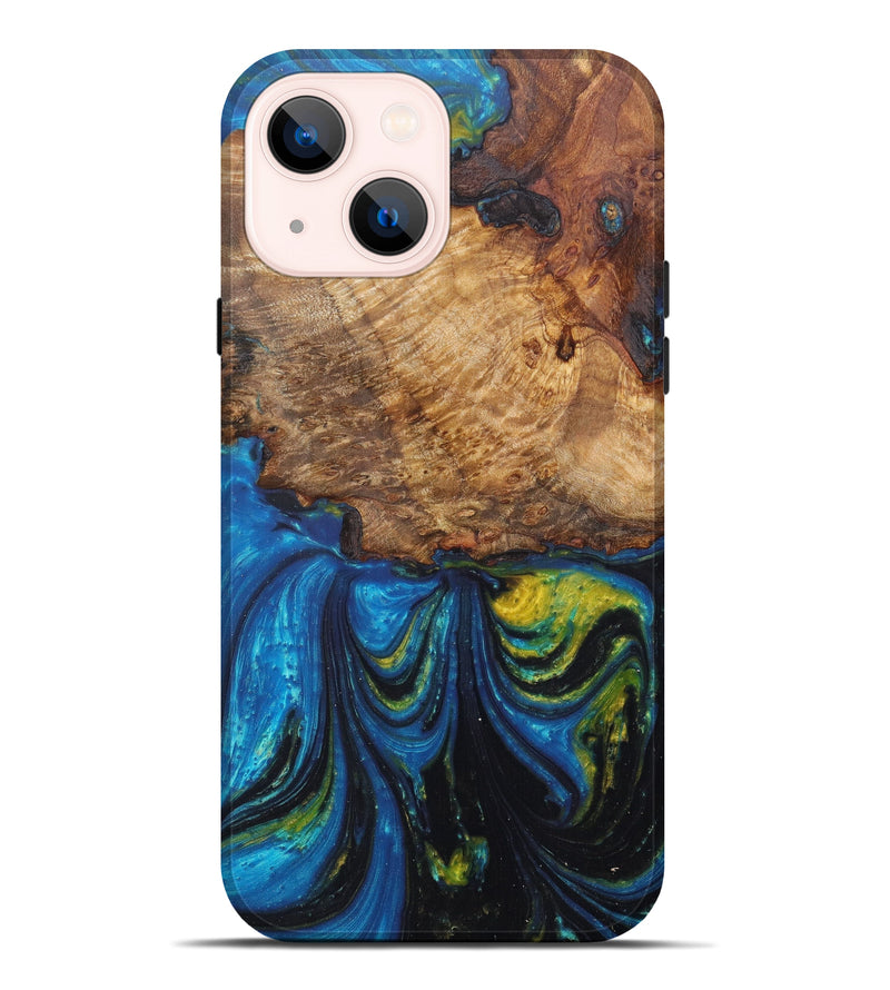 iPhone 14 Plus Wood+Resin Live Edge Phone Case - Patra (Teal & Gold, 606802)