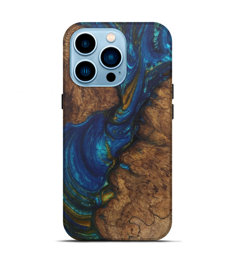 iPhone 14 Pro Wood+Resin Live Edge Phone Case - Gusella (Teal & Gold, 592339)