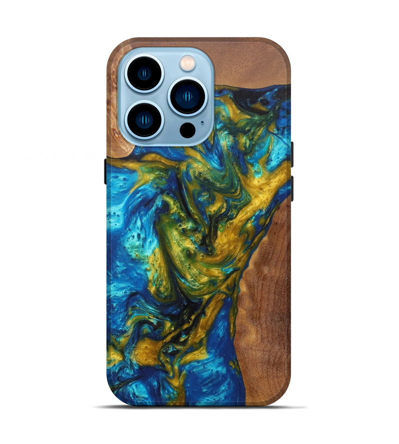 iPhone 14 Pro Wood+Resin Live Edge Phone Case - Annette (Teal & Gold, 596285)