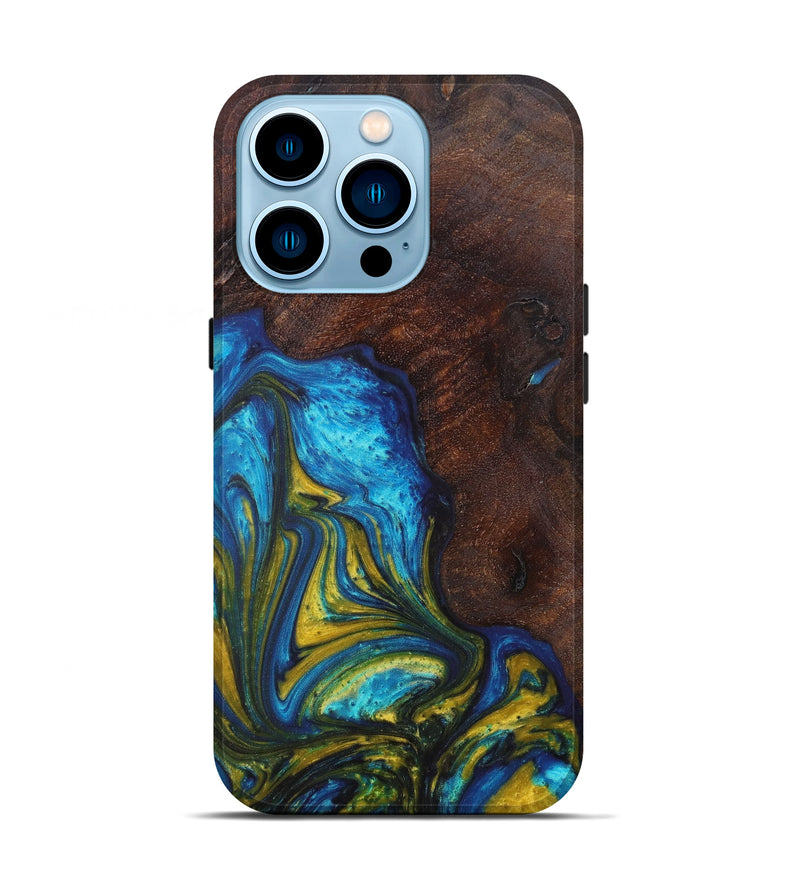 iPhone 14 Pro Wood+Resin Live Edge Phone Case - Aubree (Teal & Gold, 629002)