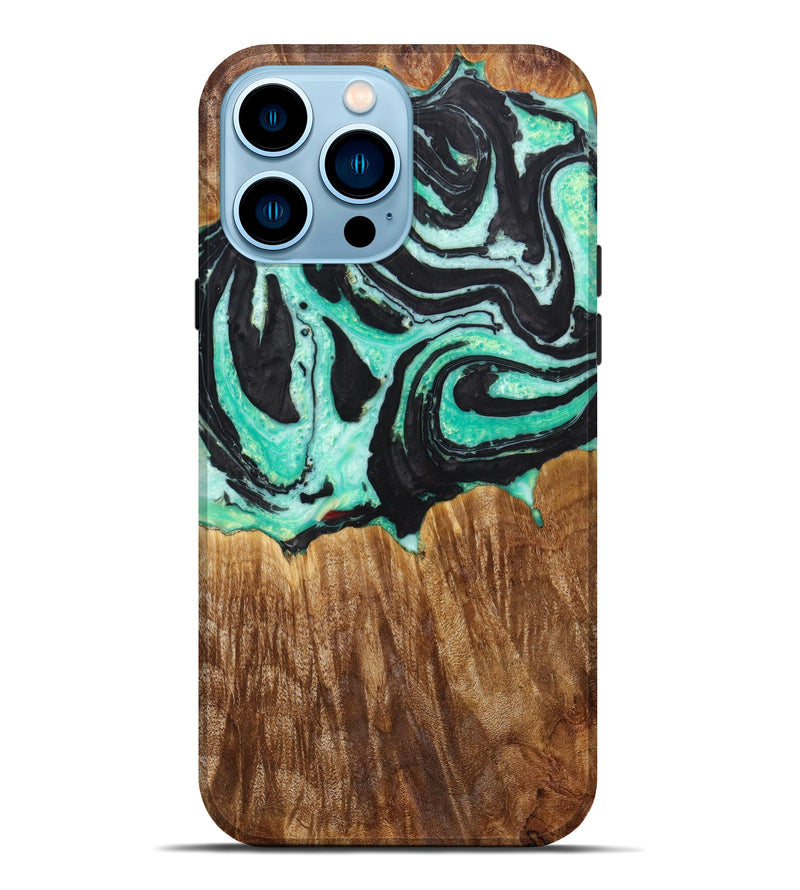 iPhone 14 Pro Max Wood+Resin Live Edge Phone Case - Felicity (Green, 636305)