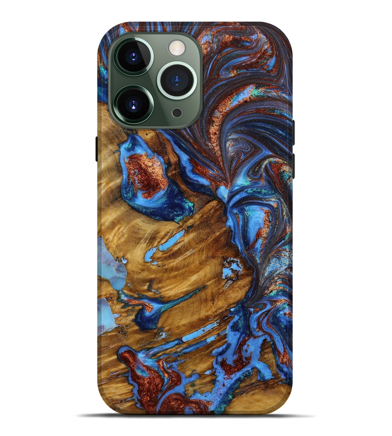 iPhone 13 Pro Max Wood+Resin Live Edge Phone Case - Talan (Teal & Gold, 647393)