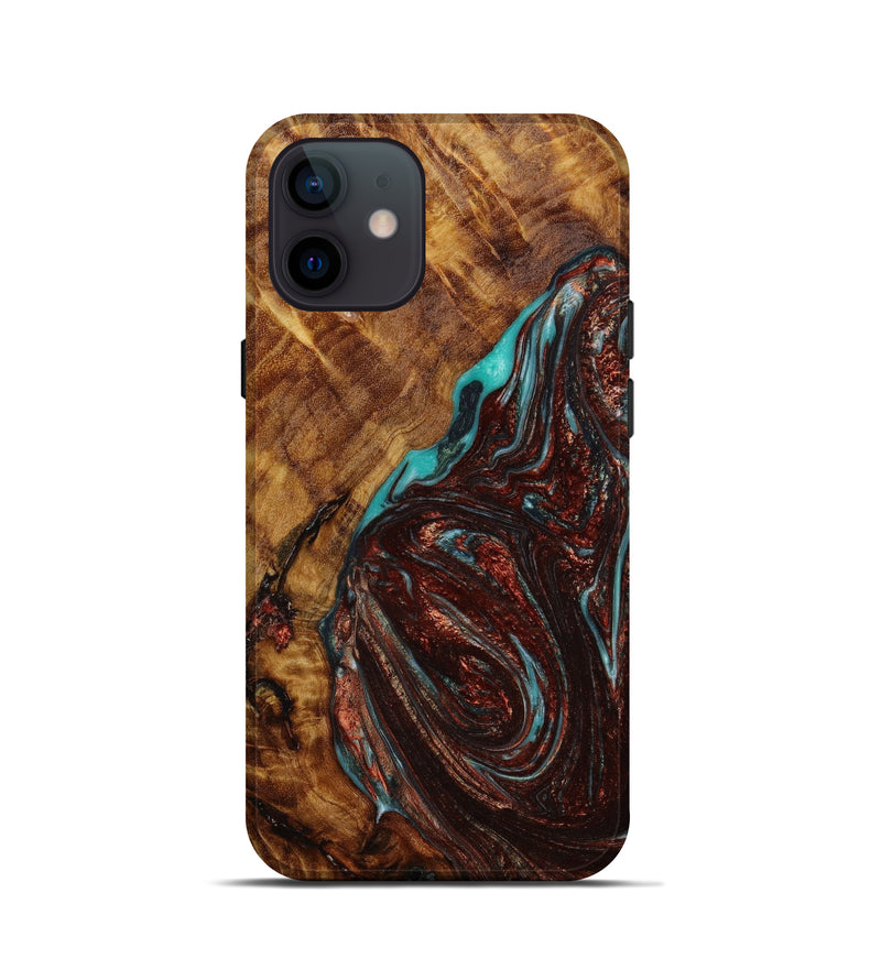 iPhone 12 mini Wood+Resin Live Edge Phone Case - Cheri (Teal & Gold, 647396)