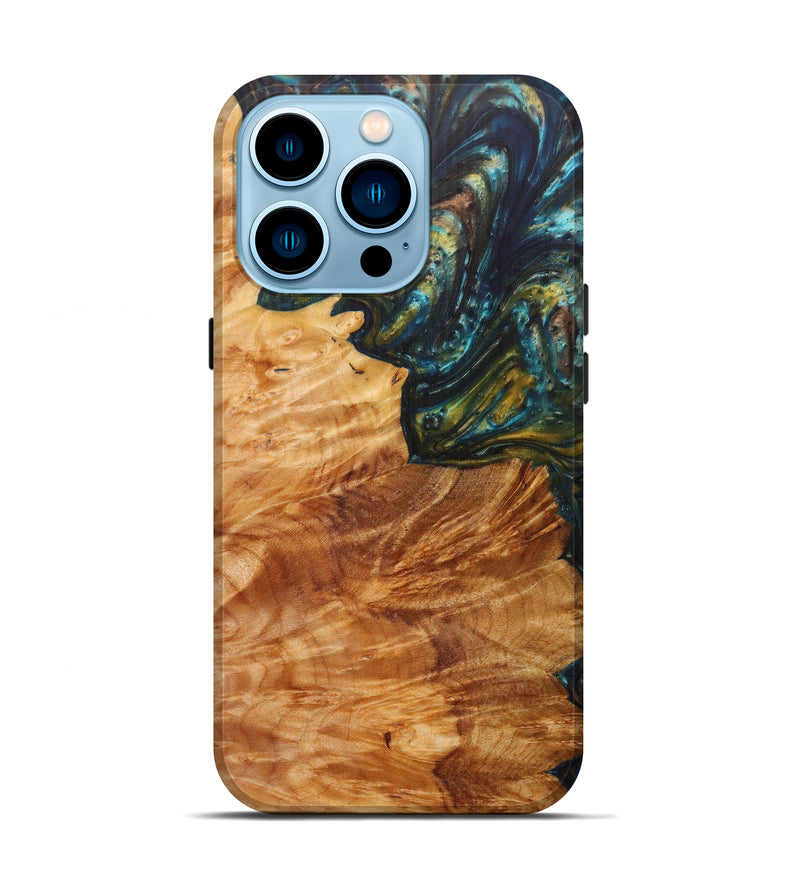 iPhone 14 Pro Wood+Resin Live Edge Phone Case - Usman (Teal & Gold, 597290)