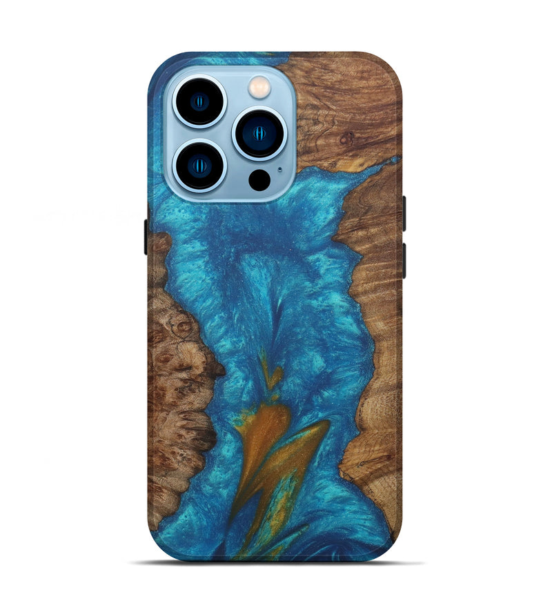 iPhone 14 Pro Wood+Resin Live Edge Phone Case - Kiele (Teal & Gold, 585621)