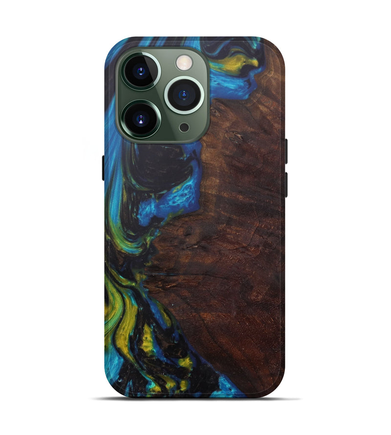iPhone 13 Pro Wood+Resin Live Edge Phone Case - Marlen (Teal & Gold, 610379)