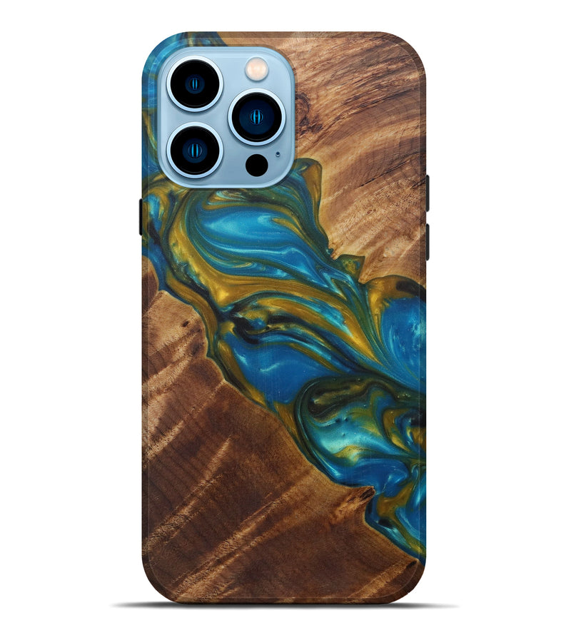 iPhone 14 Pro Max Wood+Resin Live Edge Phone Case - Ghislaine (Teal & Gold, 592324)