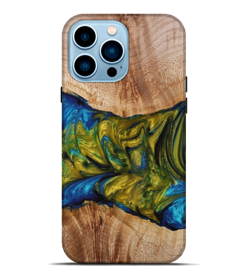 iPhone 14 Pro Max Wood+Resin Live Edge Phone Case - Gunner (Teal & Gold, 623000)