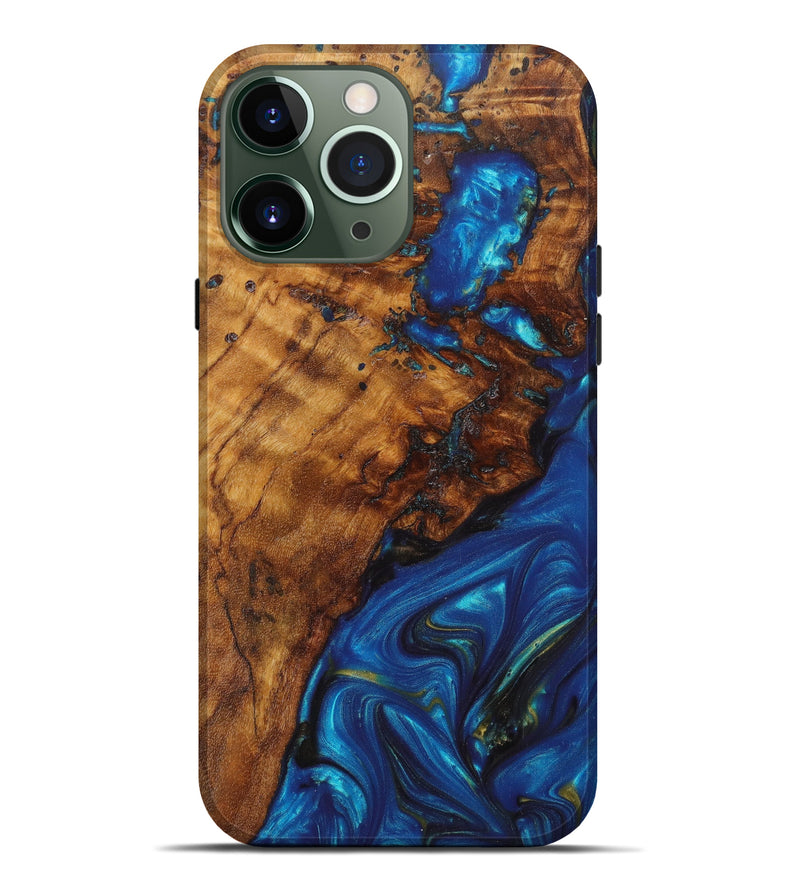 iPhone 13 Pro Max Wood+Resin Live Edge Phone Case - Mercedes (Teal & Gold, 627699)