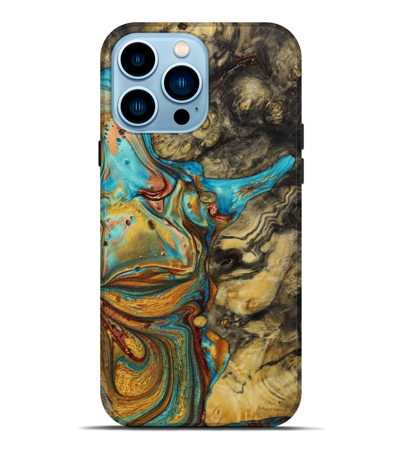 iPhone 14 Pro Max Wood+Resin Live Edge Phone Case - Nehemiah (Teal & Gold, 646326)