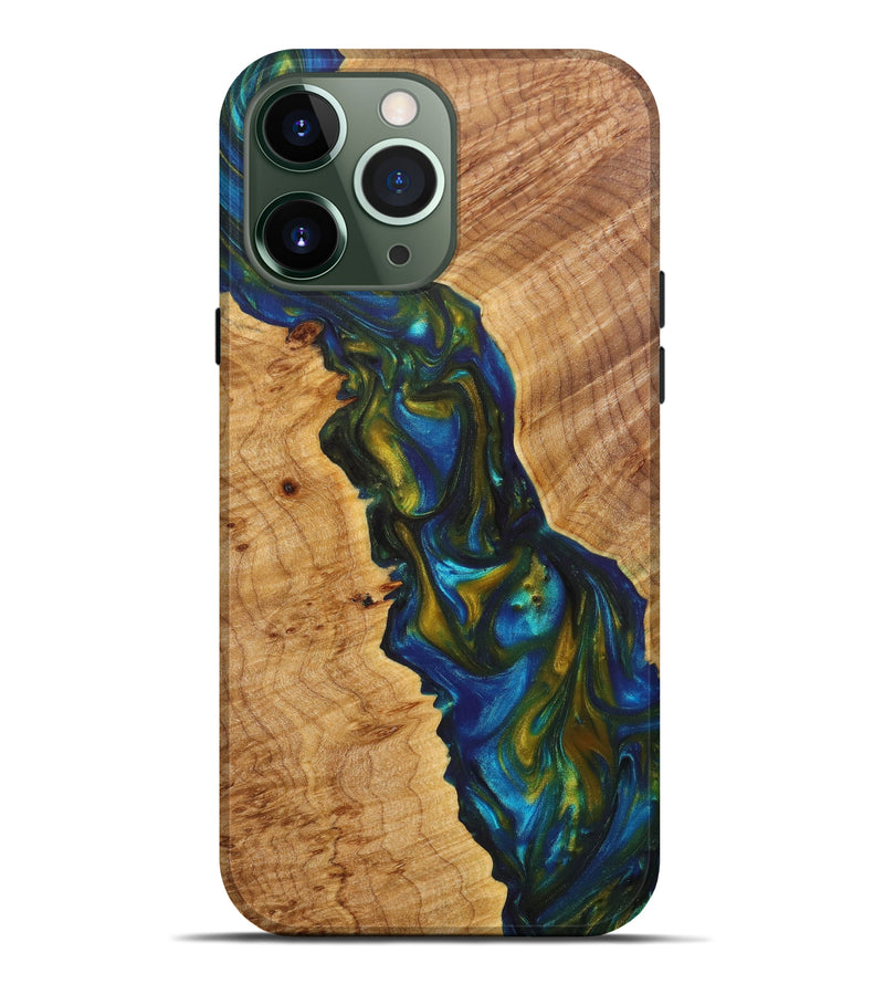iPhone 13 Pro Max Wood+Resin Live Edge Phone Case - Shae (Teal & Gold, 629767)