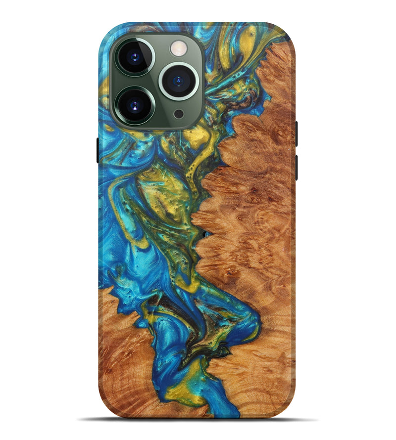iPhone 13 Pro Max Wood+Resin Live Edge Phone Case - Philippe (Teal & Gold, 597255)