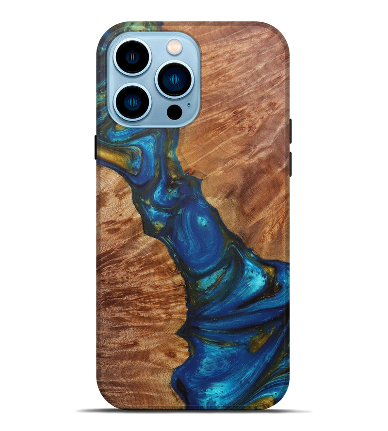 iPhone 14 Pro Max Wood+Resin Live Edge Phone Case - Ranna (Teal & Gold, 600138)