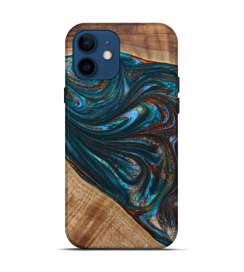 iPhone 12 Wood+Resin Live Edge Phone Case - Tracy (Teal & Gold, 646078)