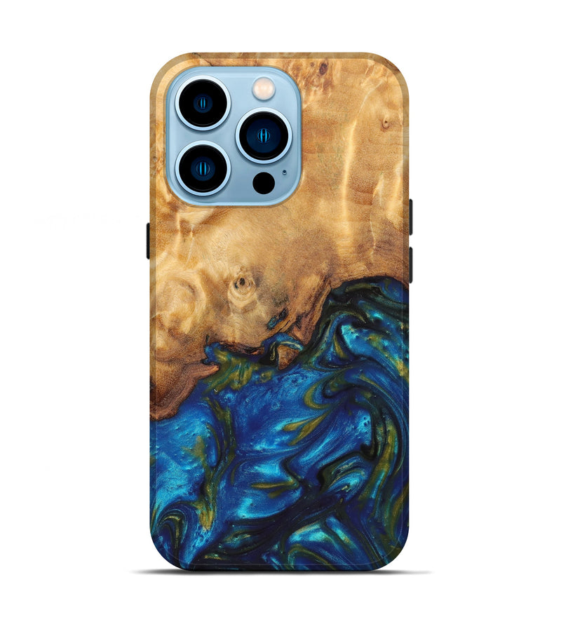 iPhone 14 Pro Wood+Resin Live Edge Phone Case - Rodrick (Teal & Gold, 631557)