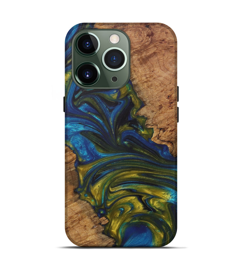 iPhone 13 Pro Wood+Resin Live Edge Phone Case - Shanaya (Teal & Gold, 609969)