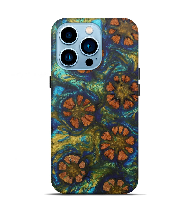 iPhone 14 Pro Wood+Resin Live Edge Phone Case - Kaniya (Teal & Gold, 610359)