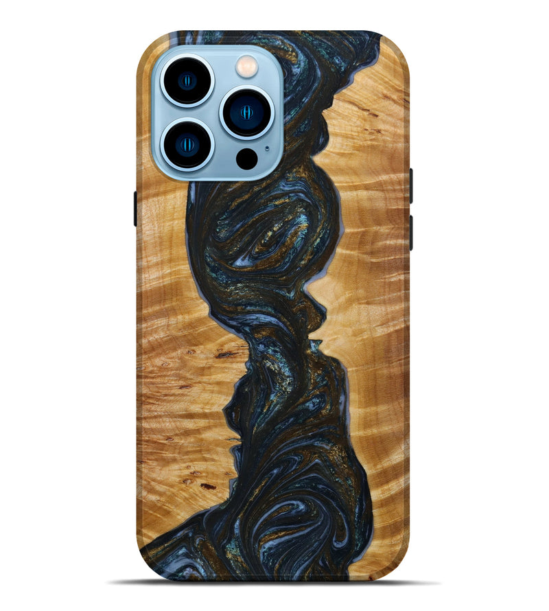 iPhone 14 Pro Max Wood+Resin Live Edge Phone Case - Ariyah (Teal & Gold, 646905)