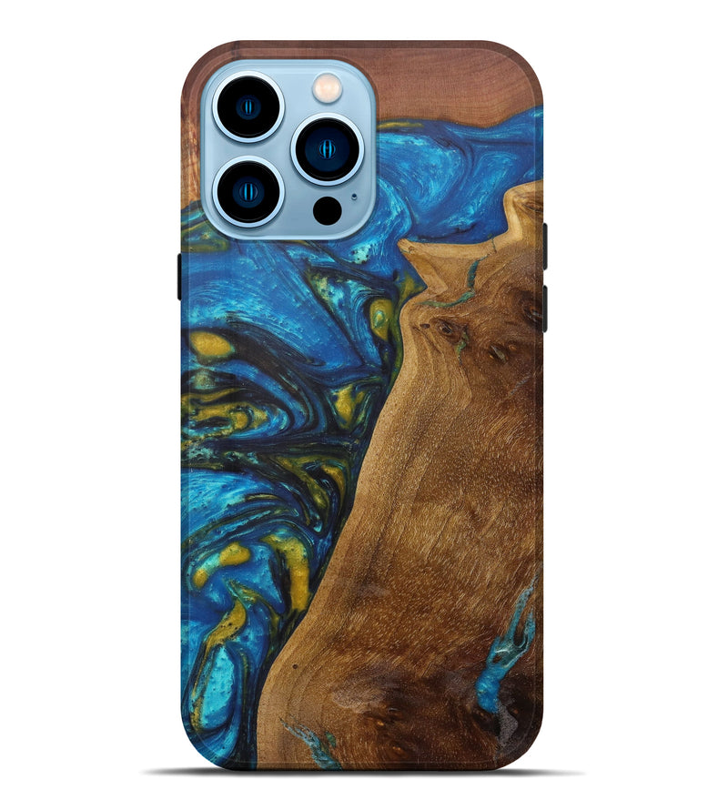 iPhone 14 Pro Max Wood+Resin Live Edge Phone Case - Bnrtor (Teal & Gold, 597294)