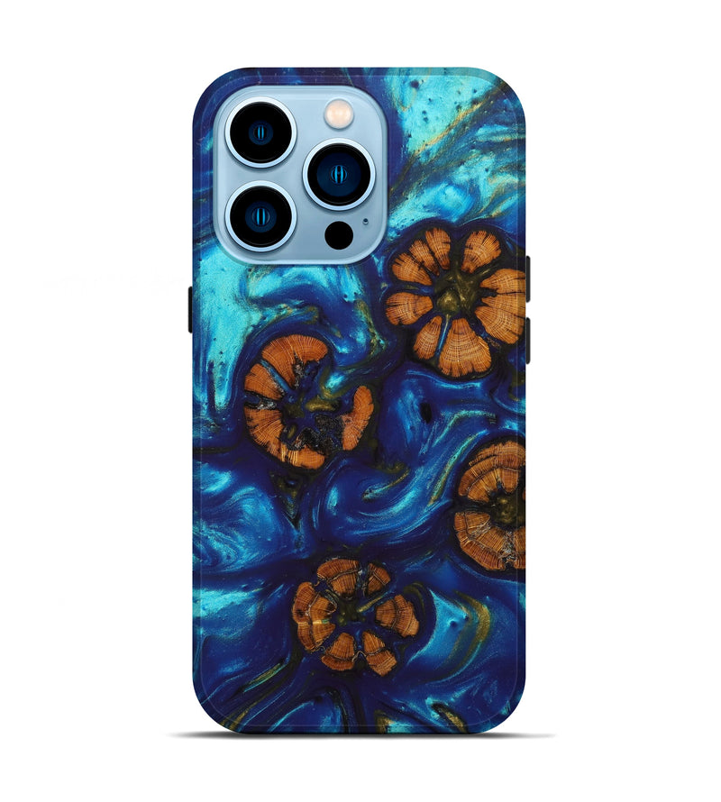 iPhone 14 Pro Wood+Resin Live Edge Phone Case - Dayle (Teal & Gold, 633144)