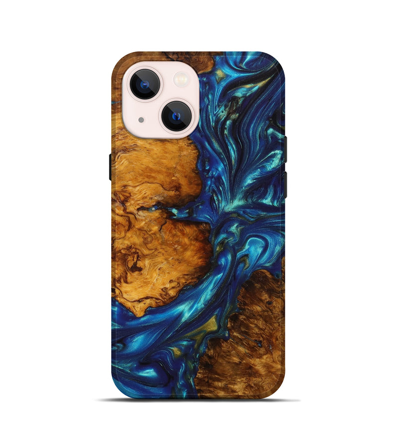 iPhone 13 mini Wood+Resin Live Edge Phone Case - Emil (Teal & Gold, 641206)