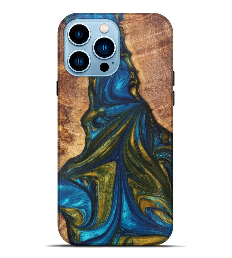 iPhone 14 Pro Max Wood+Resin Live Edge Phone Case - Danette (Teal & Gold, 621630)