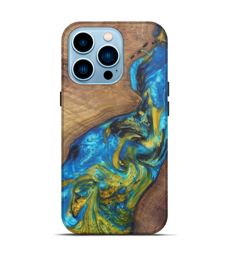 iPhone 14 Pro Wood+Resin Live Edge Phone Case - Inna (Teal & Gold, 606855)
