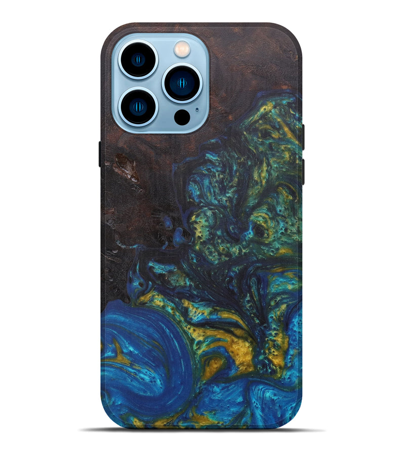 iPhone 14 Pro Max Wood+Resin Live Edge Phone Case - Harpreet (Teal & Gold, 594896)