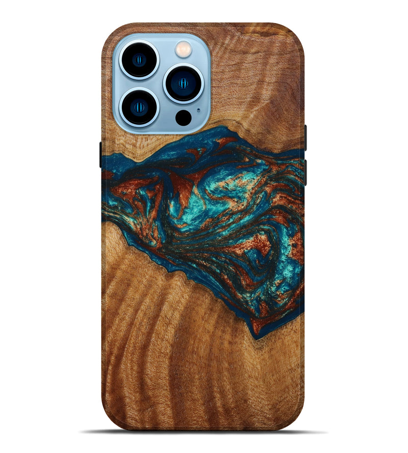 iPhone 14 Pro Max Wood+Resin Live Edge Phone Case - Carlton (Teal & Gold, 647629)